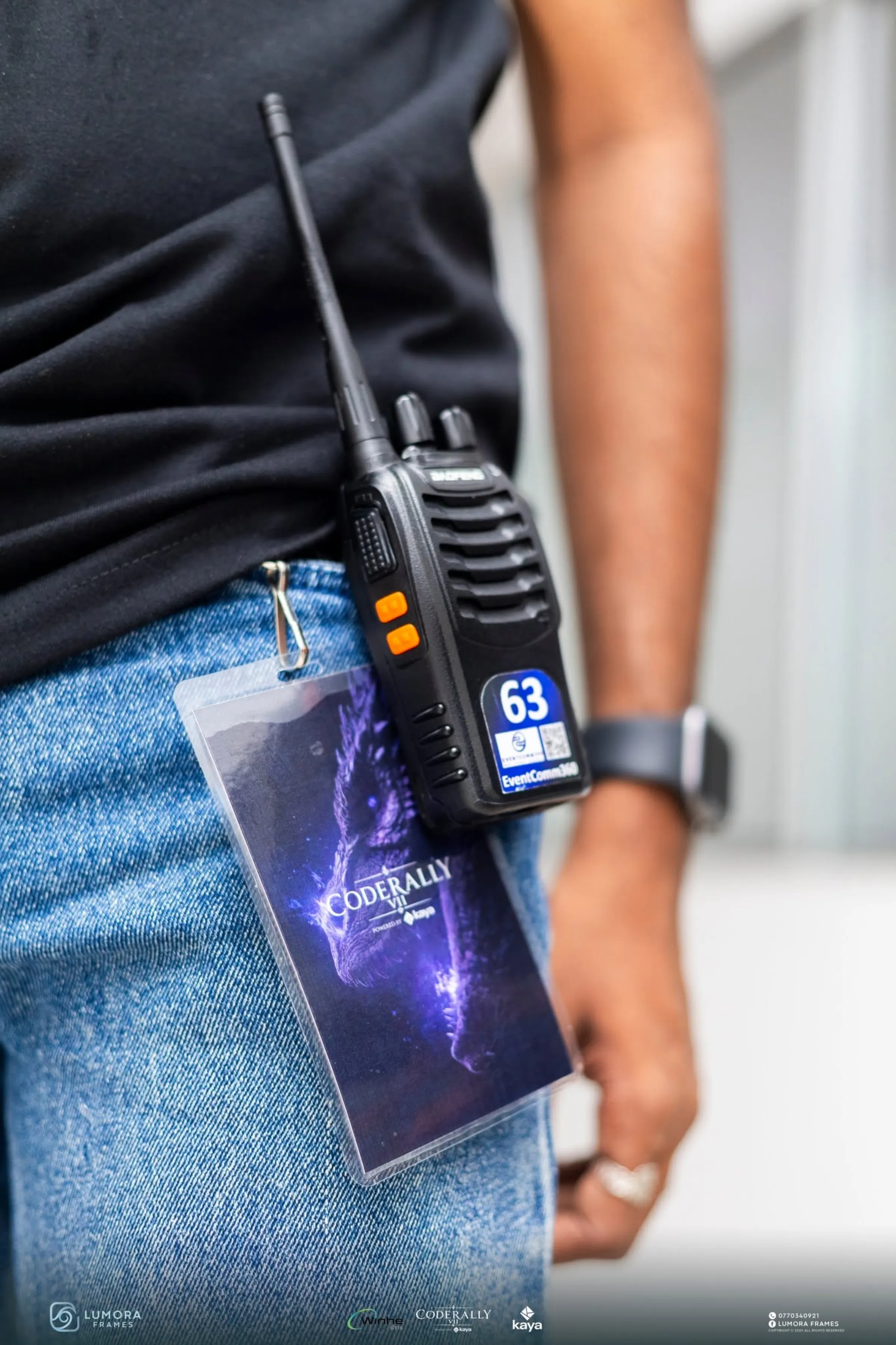 A crew member's radio and CodeRally lanyard