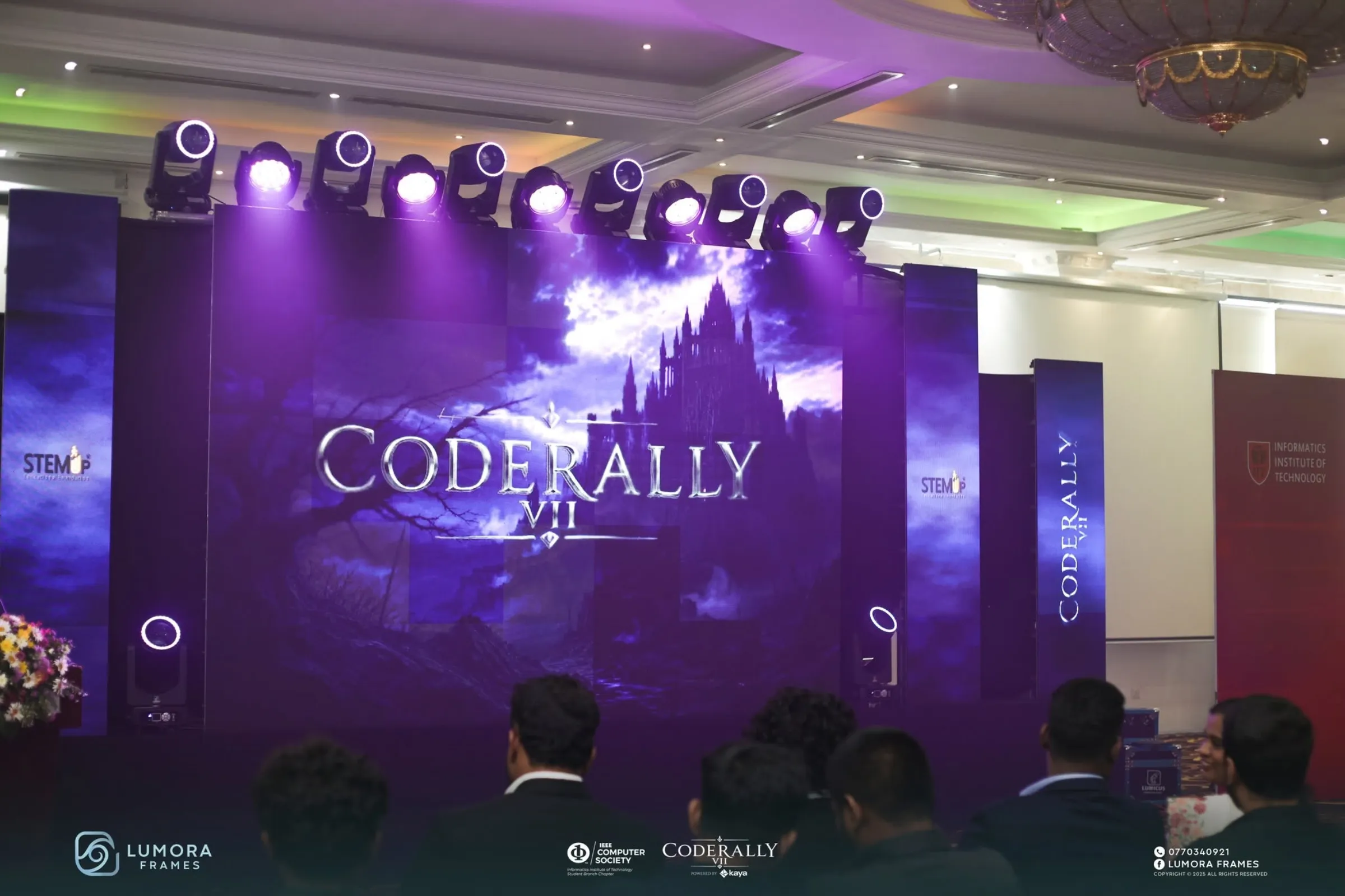 The CodeRally VII stage under purple lights
