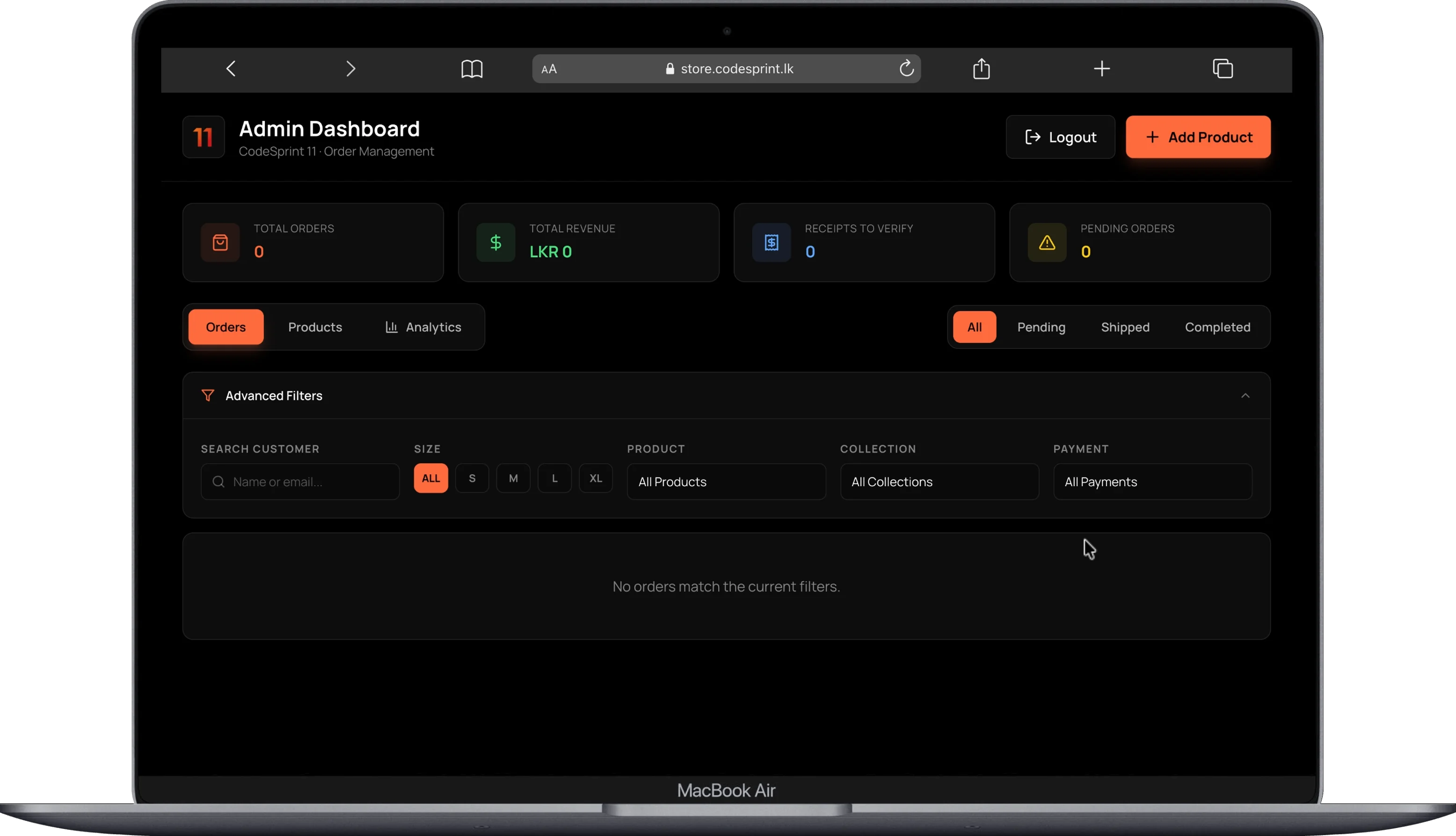 CodeSprint merchandise order management dashboard