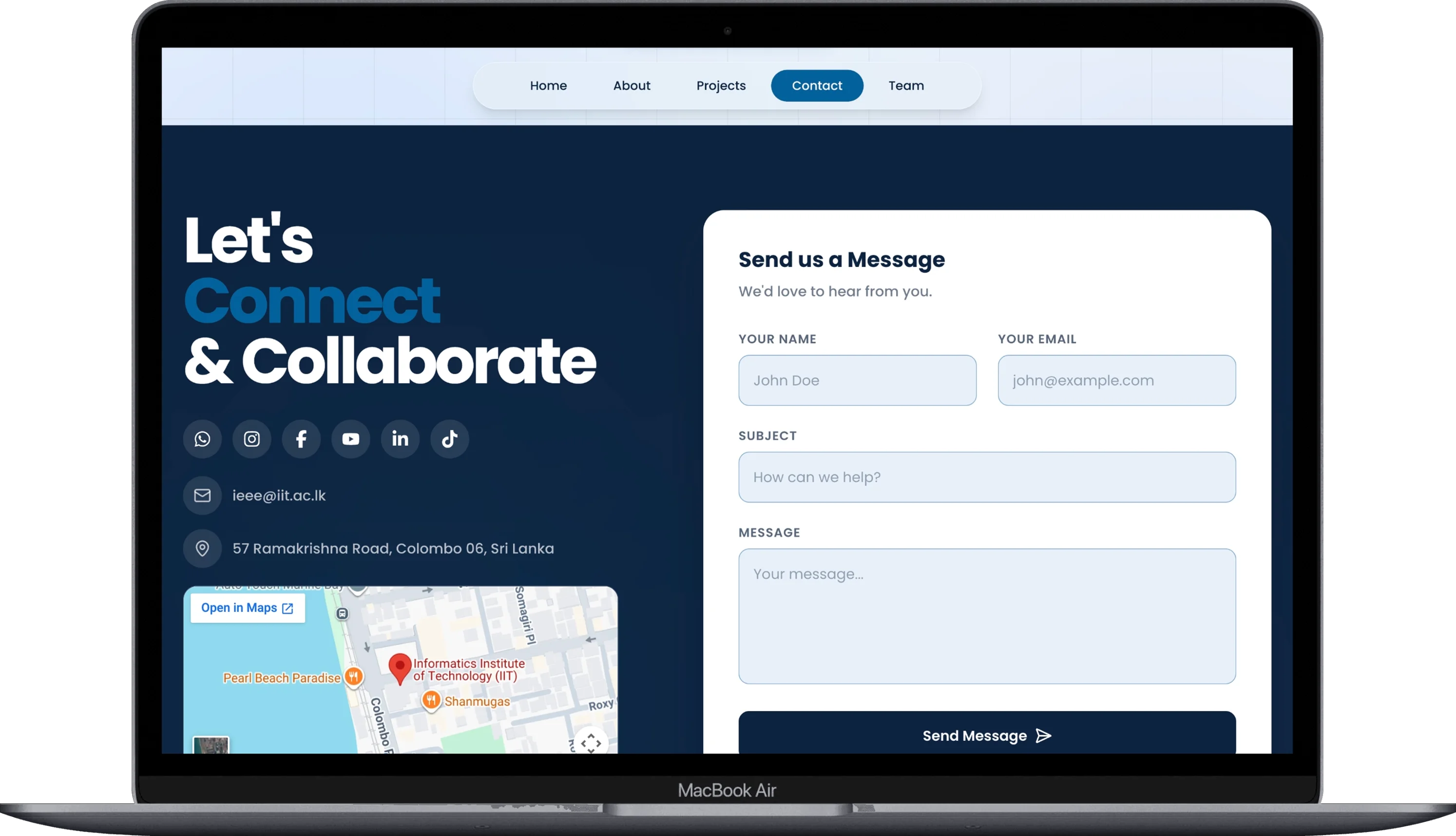 Contact form, socials and map