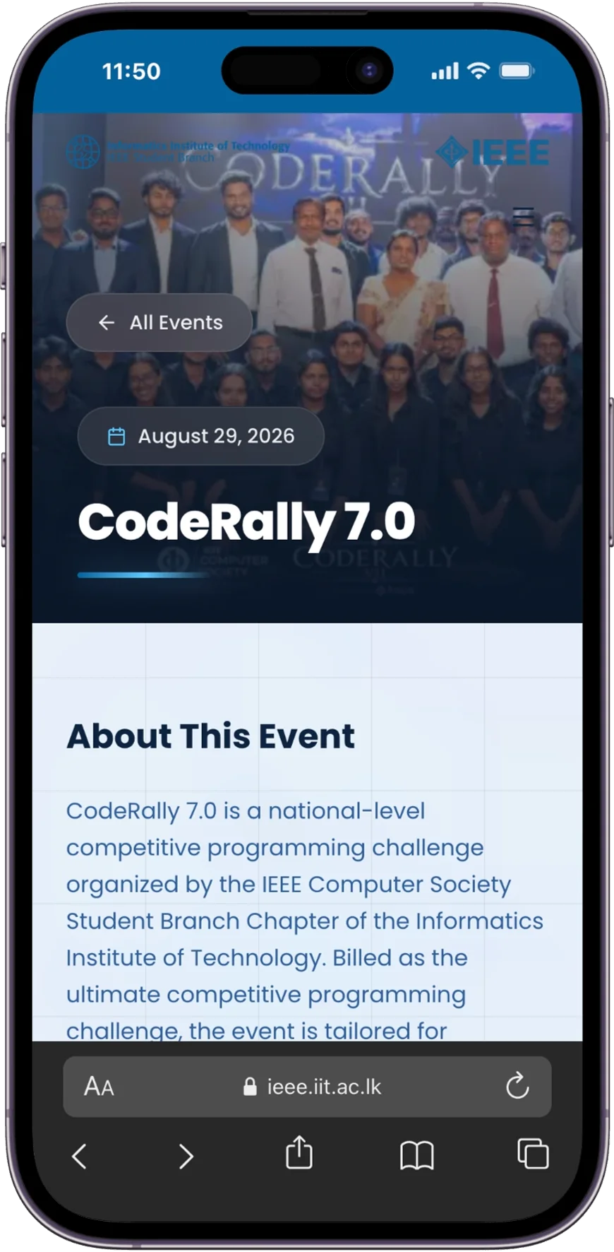 CodeRally 7.0 event page on mobile