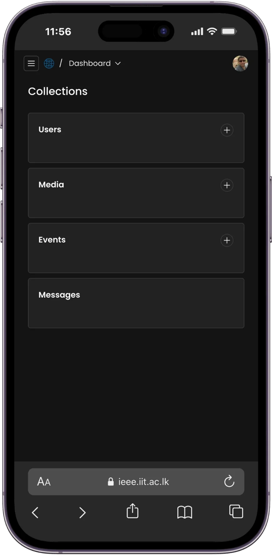Admin collections: users, media, events and messages