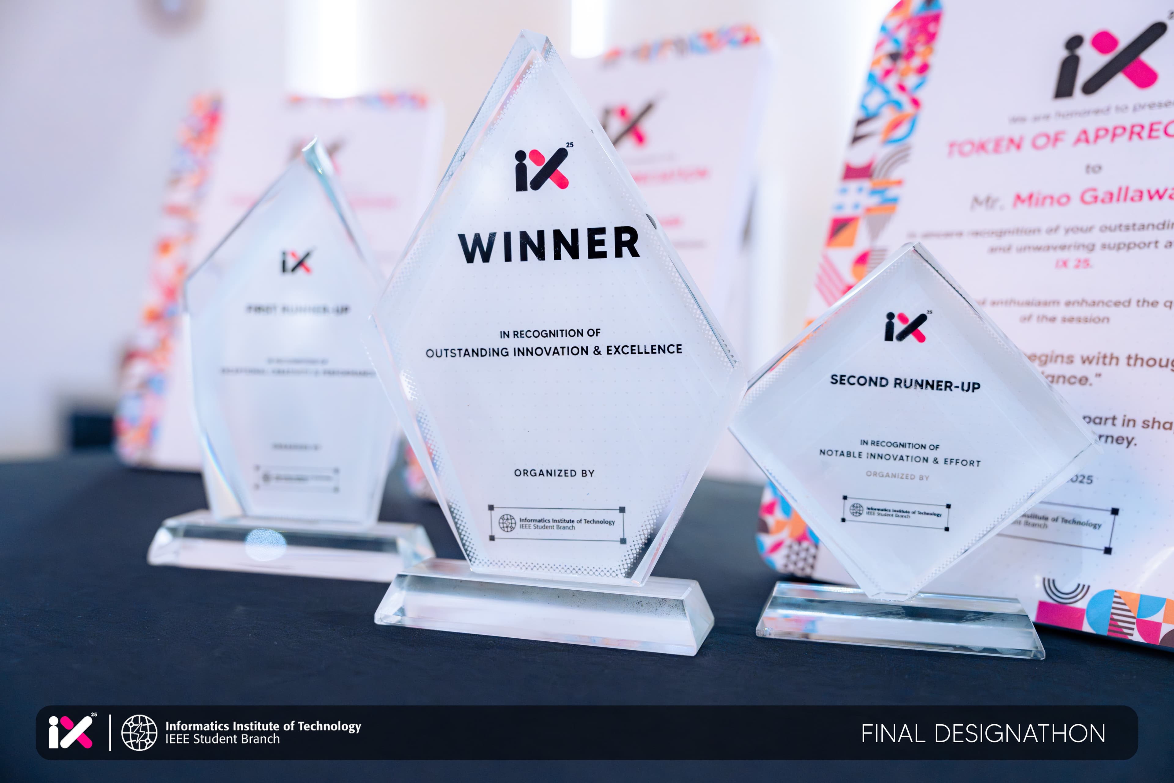 Winner, first runner-up and second runner-up trophies at IX 25